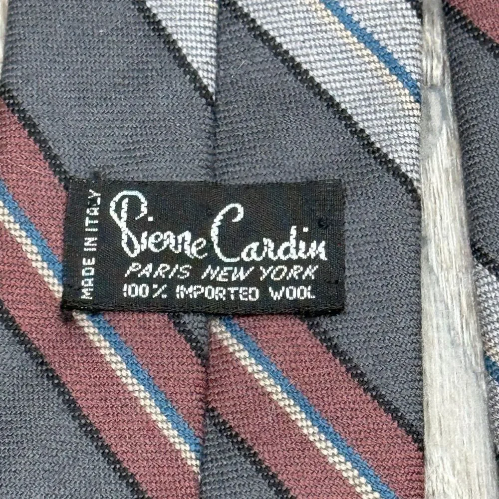 Pierre Cardin Vintage 60s 70s Wool Neck Tie Gray Burgundy Stripe Italy Made 56x3
